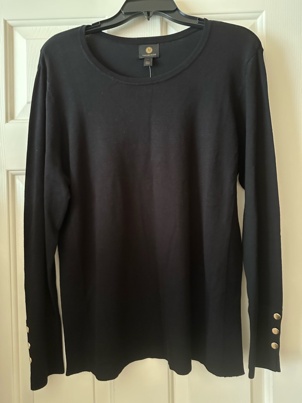 JM Collection Black Long-Sleeve Crewneck Top with Gold Button Detail- Large- NWT